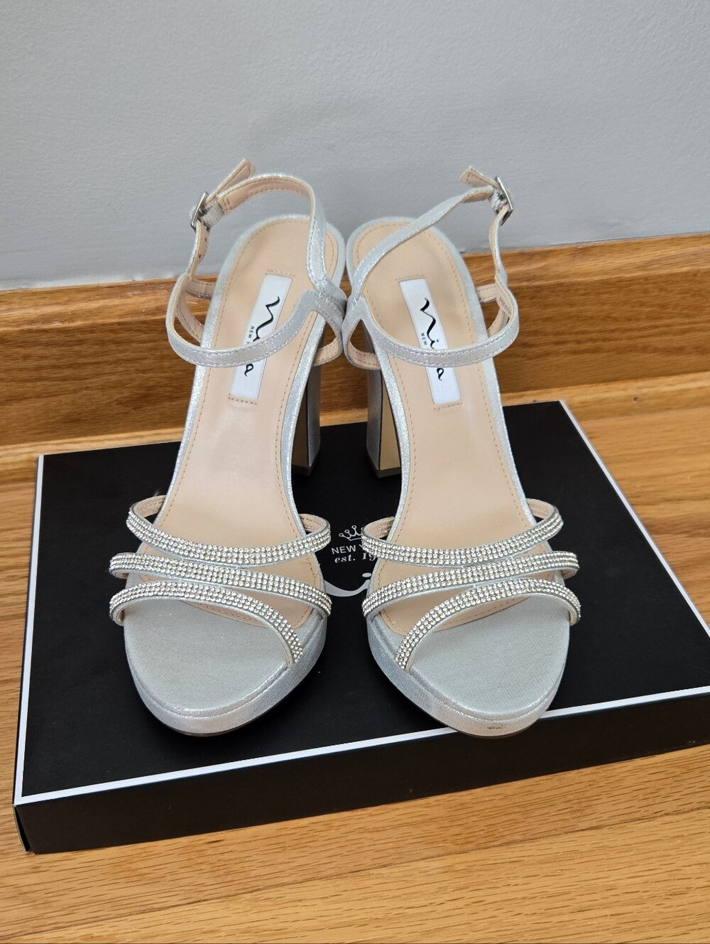 Nina Silver Rhinestone Strappy Block Heel Sandals